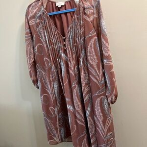 LOFT RosePink Paisley covered Button-Accent Boho Shift v neck soft pleats Size S